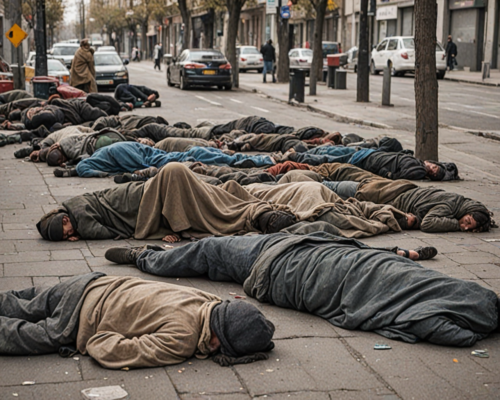 Many homeless people sleeping on the street